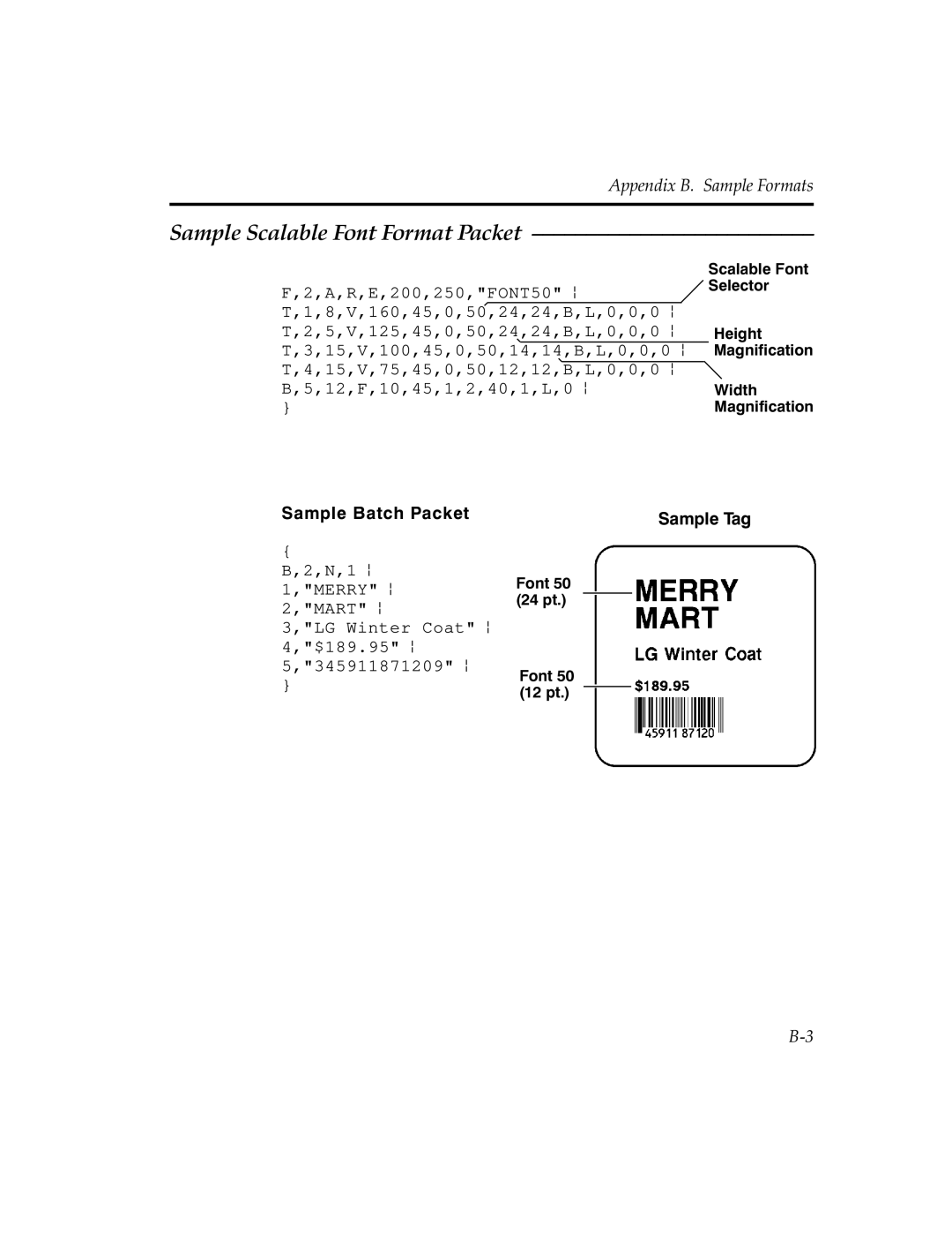 Paxar MPCL II manual Sample Scalable Font Format Packet, Appendix B. Sample Formats, Sample Batch Packet 