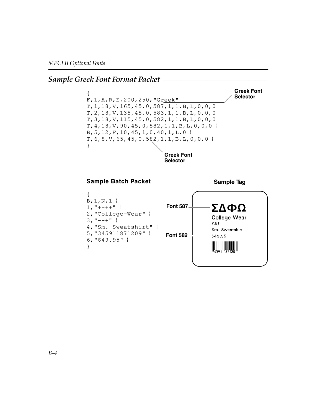 Paxar MPCL II manual Sample Greek Font Format Packet, MPCLII Optional Fonts, Sample Batch Packet, Sample Tag 