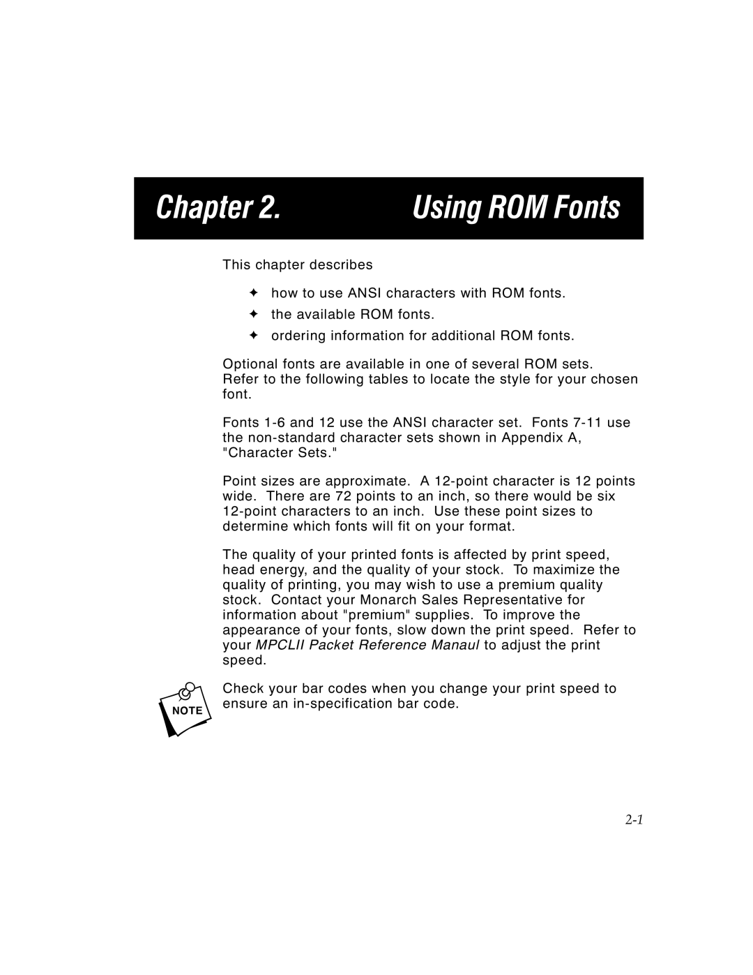 Paxar MPCL II manual Chapter, Using ROM Fonts 