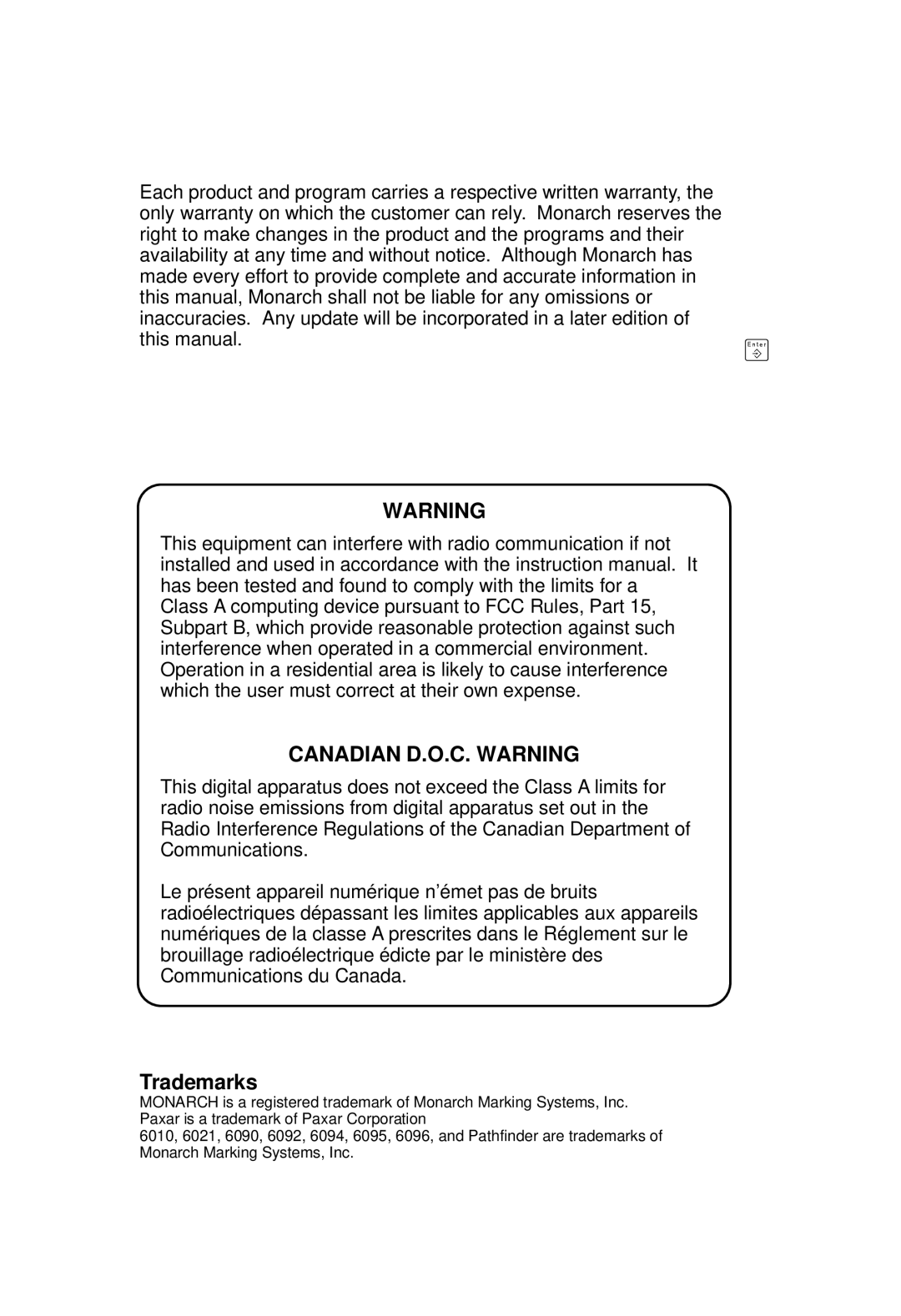 Paxar TC6021OH manual Canadian D.O.C. Warning, Trademarks 