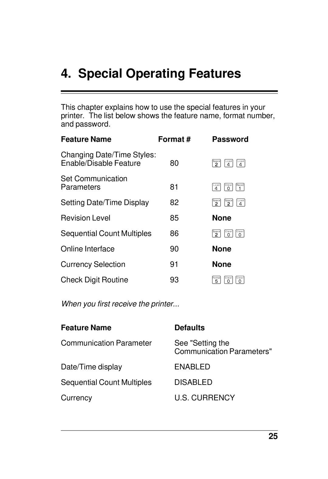 Paxar TC6021OH manual Special Operating Features, Feature Name Format # Password, None, Feature Name Defaults 