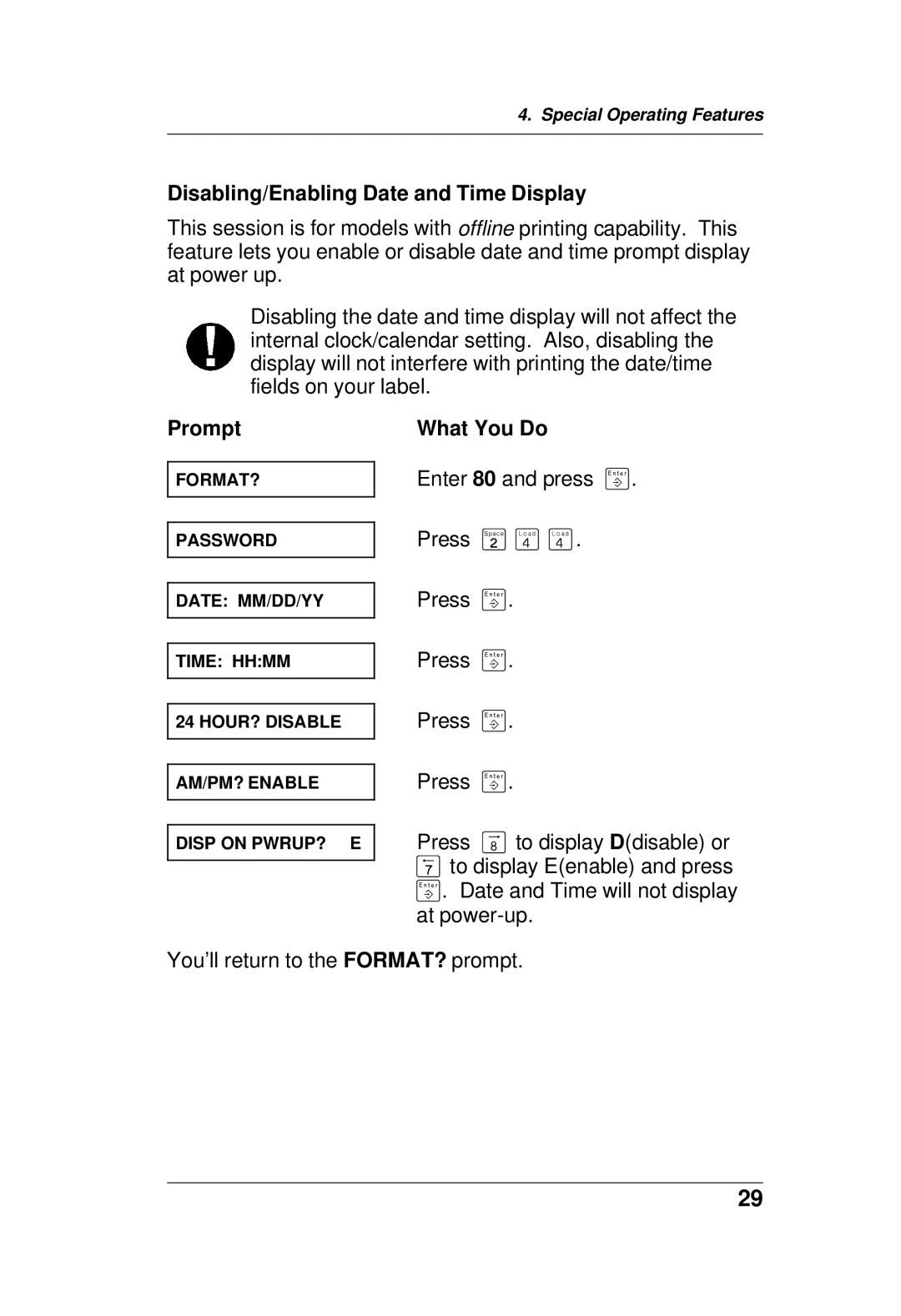 Paxar TC6021OH manual Disabling/Enabling Date and Time Display 