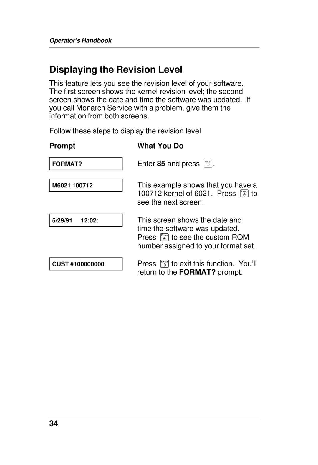 Paxar TC6021OH manual Displaying the Revision Level, Prompt 