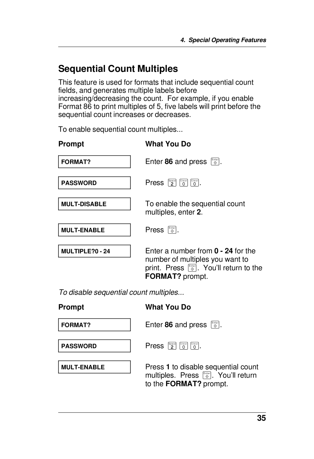 Paxar TC6021OH manual To disable sequential count multiples 