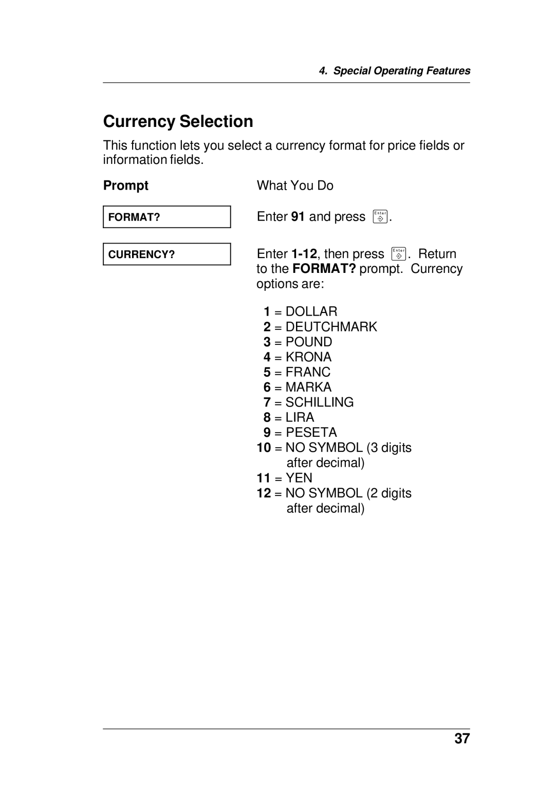 Paxar TC6021OH manual Currency Selection, = Peseta 