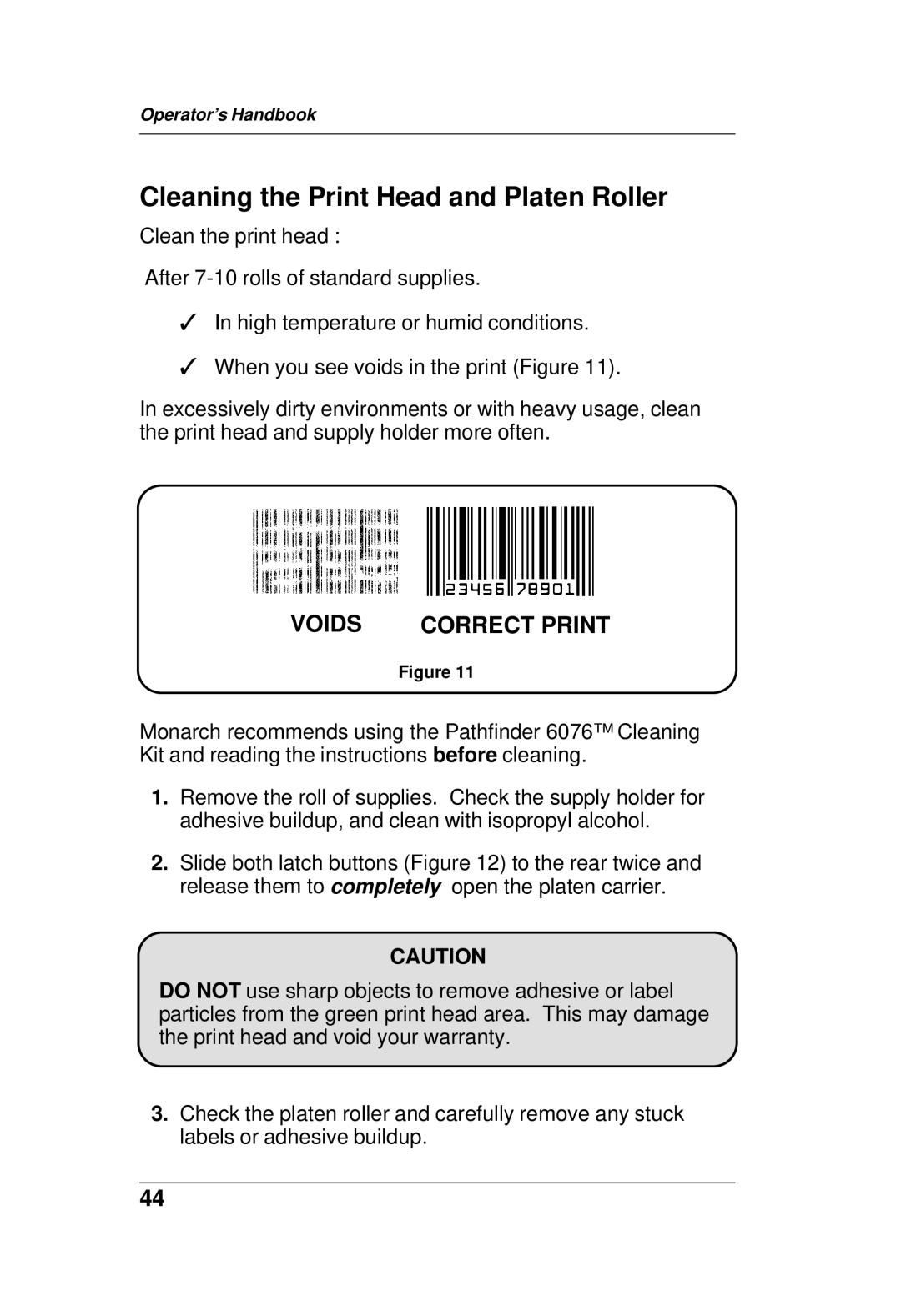 Paxar TC6021OH manual Cleaning the Print Head and Platen Roller, Voids 