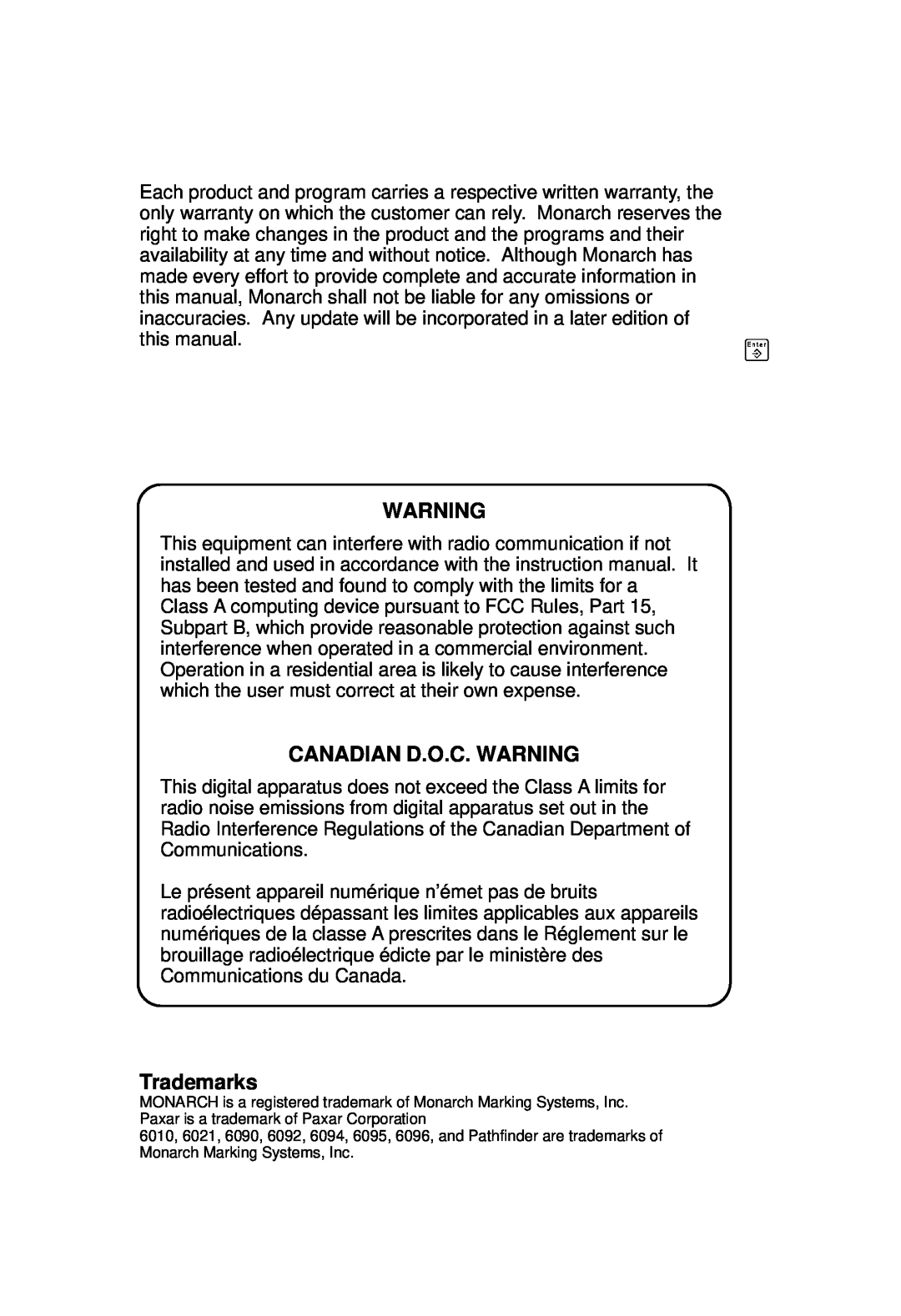 Paxar TC6021OH manual Canadian D.O.C. Warning, Trademarks 
