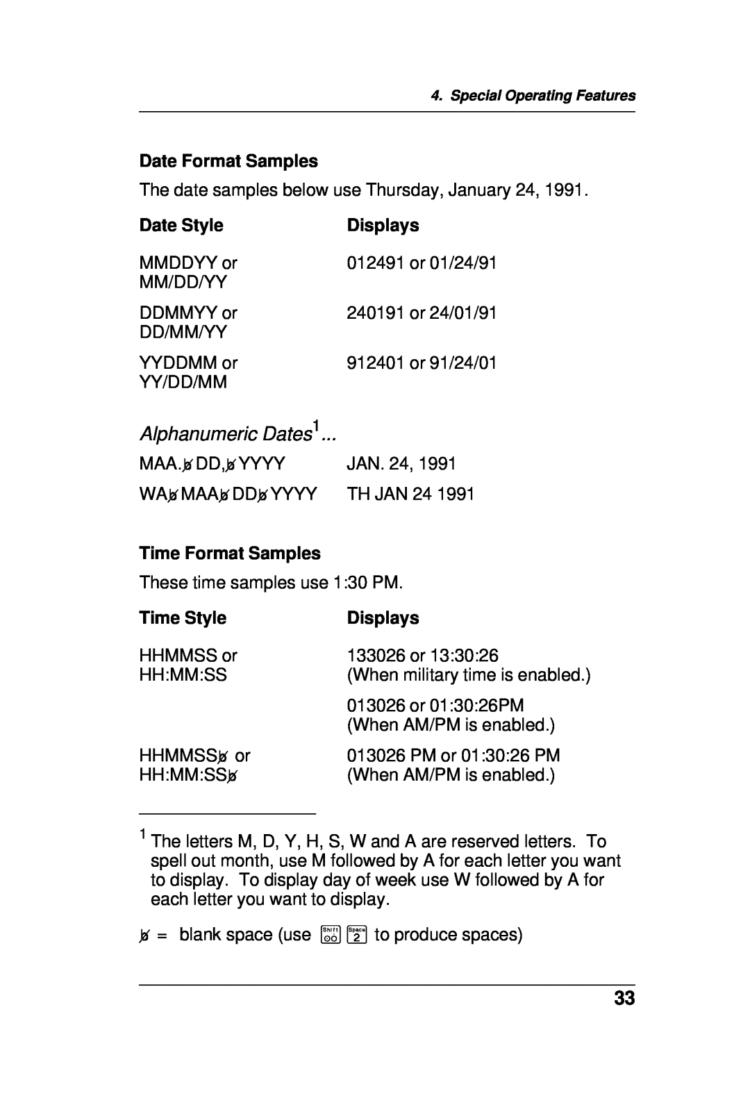 Paxar TC6021OH manual Date Format Samples, Date Style, Displays, Time Format Samples, Time Style, Alphanumeric Dates1 