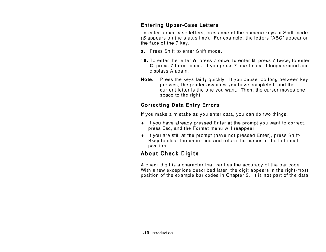 Paxar TC6032DBFFUM manual O u t C h e c k D i g i t s, Entering Upper-Case Letters, Correcting Data Entry Errors 