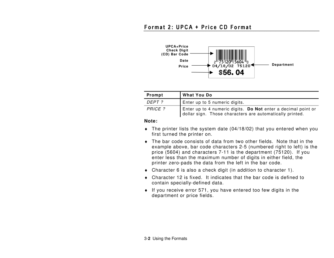 Paxar TC6032DBFFUM manual R m a t 2 U P C a + P r i c e C D F o r m a t 