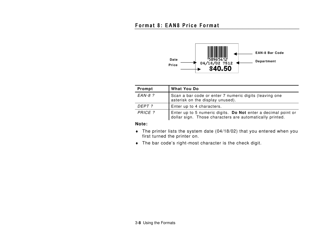 Paxar TC6032DBFFUM manual R m a t 8 E a N 8 P r i c e F o r m a t 