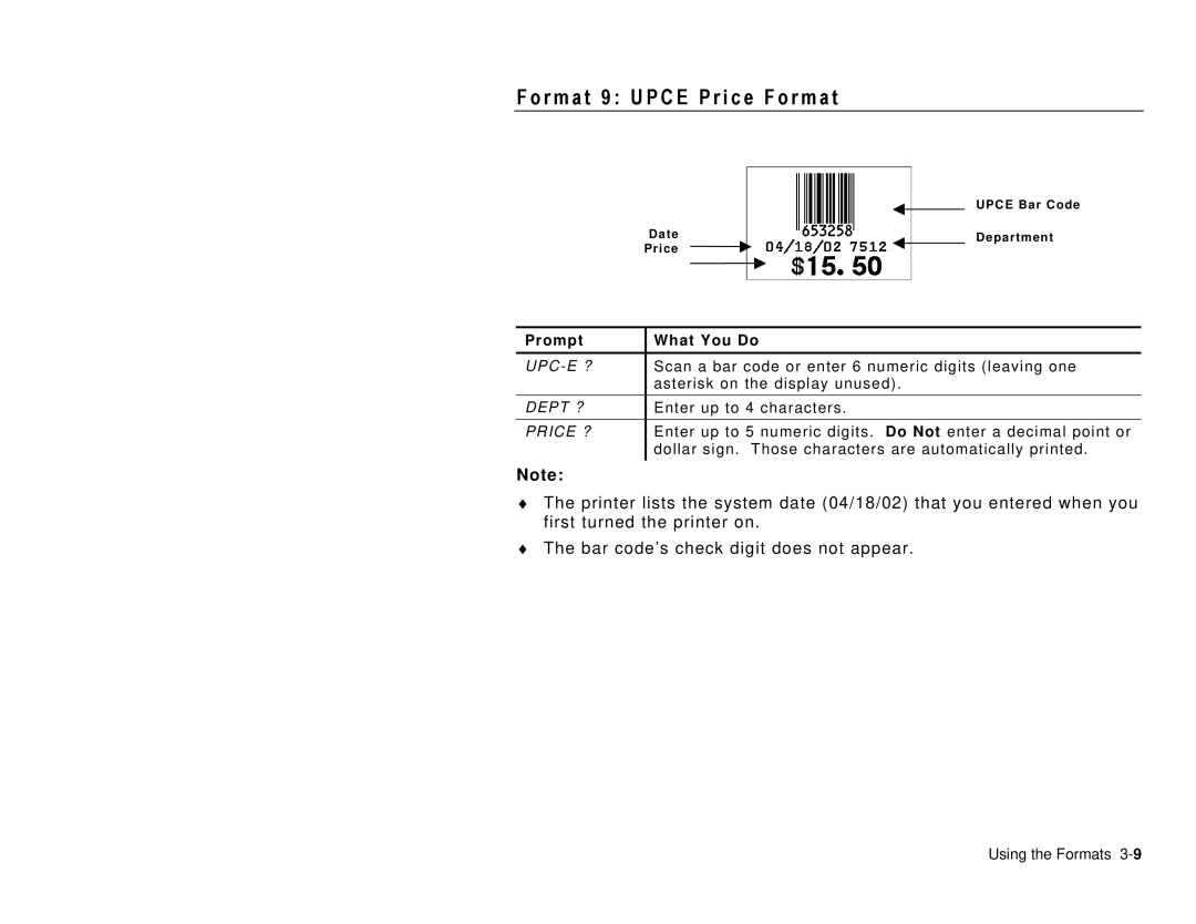 Paxar TC6032DBFFUM manual R m a t 9 U P C E P r i c e F o r m a t 