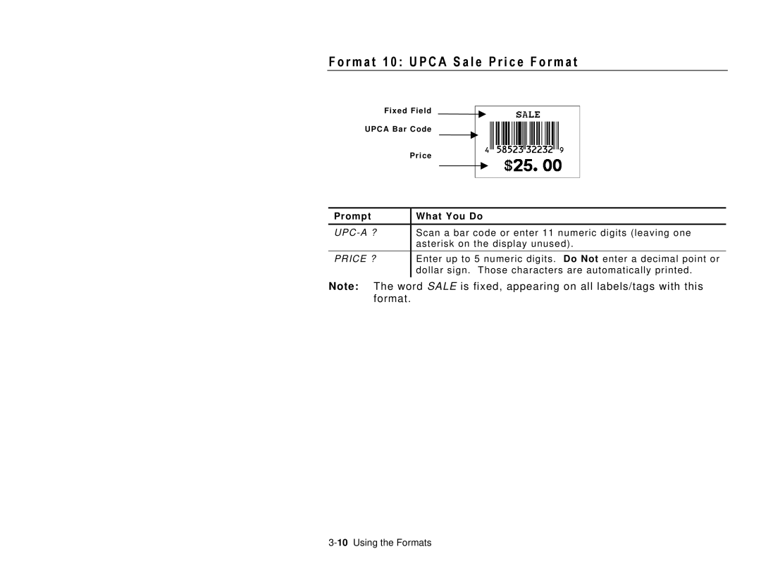 Paxar TC6032DBFFUM manual R m a t 1 0 U P C a S a l e P r i c e F o r m a t 