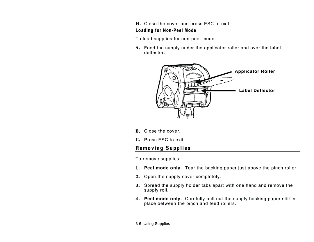 Paxar TC6032EM manual M o v i n g S u p p l i e s, Loading for Non Peel Mode, Applicator Roller Label Deflector 