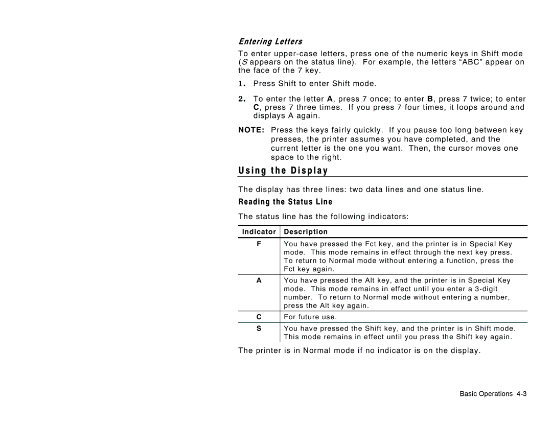 Paxar TC6032EM manual I n g t h e D i s p l a y, Reading the Status Line, Indicator Description 