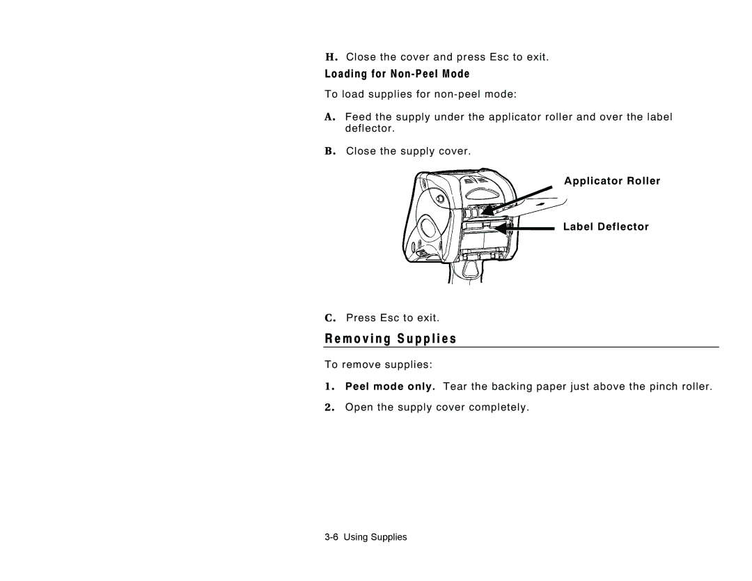 Paxar TC6037EM manual M o v i n g S u p p l i e s, Loading for Non Peel Mode, Applicator Roller Label Deflector 