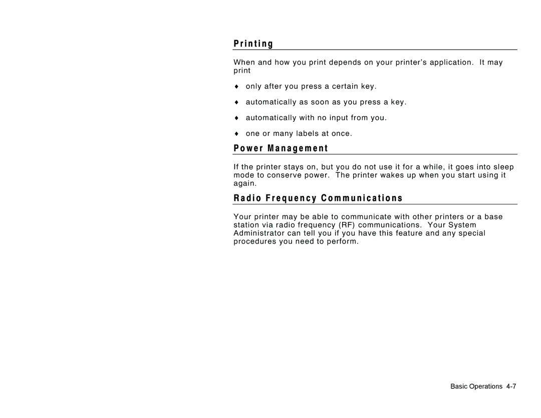 Paxar TC6037EM manual I n t i n g, W e r M a n a g e m e n t, D i o F r e q u e n c y C o m m u n i c a t i o n s 