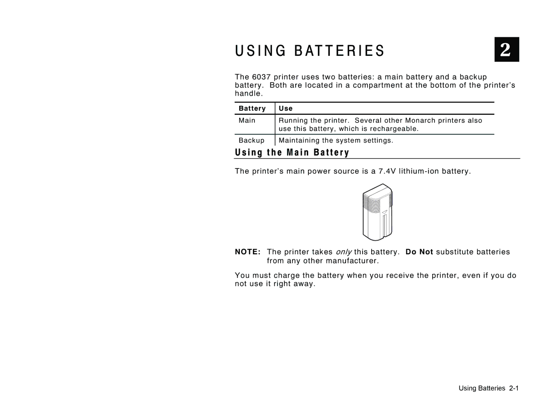 Paxar TC6037EM manual I N G B At T E R I E S, I n g t h e M a i n B a t t e r y, Battery Use 