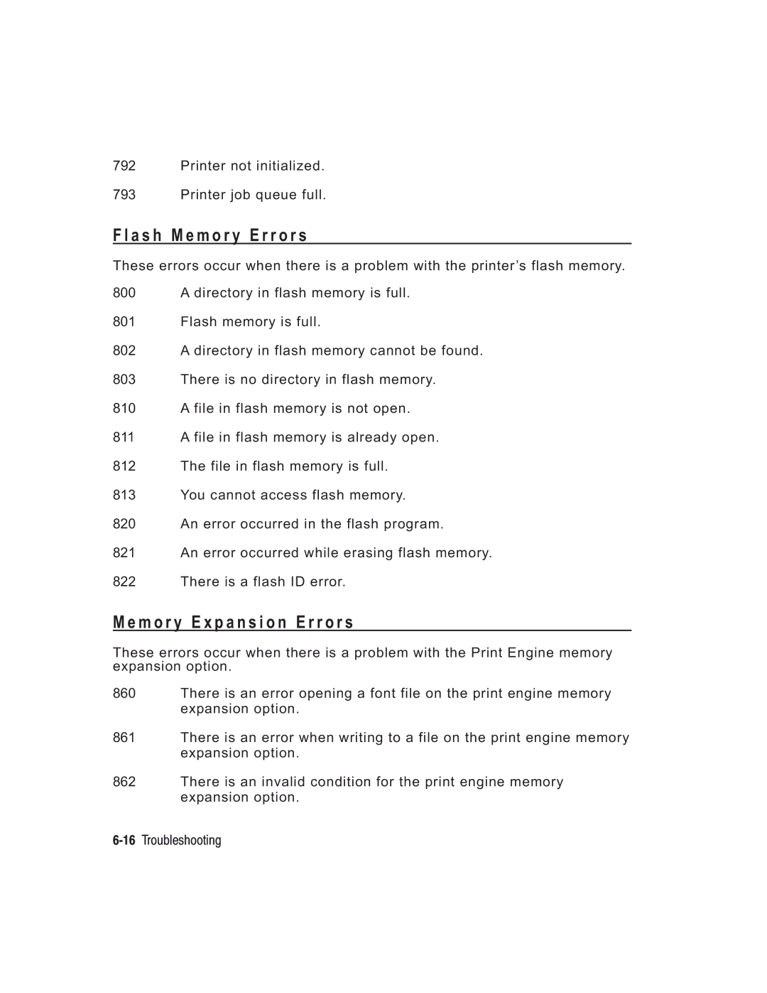 Paxar TC6037PR manual A s h M e m o r y Error s, M o r y E x p a n s i o n Error s 