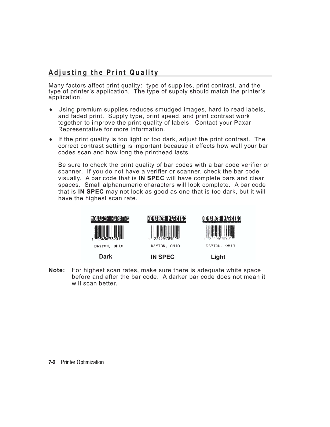 Paxar TC6037PR manual J u s t i n g t h e P r i n t Q u a l i t y, Dark, Light, 2Printer Optimization 