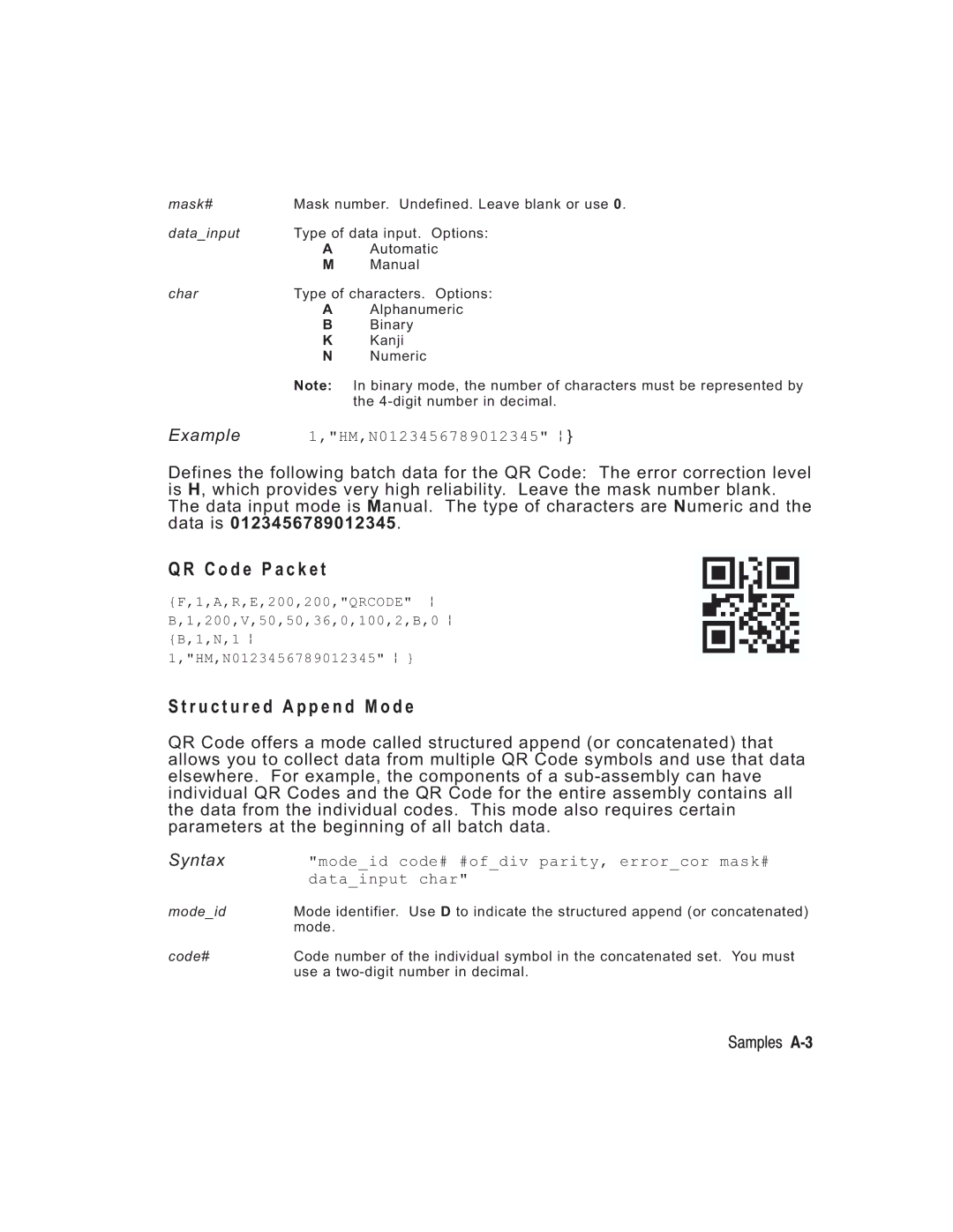 Paxar TC6037PR manual Code P a c k e t, R u c t u r e d a p p e n d M o d e, Samples A-3 