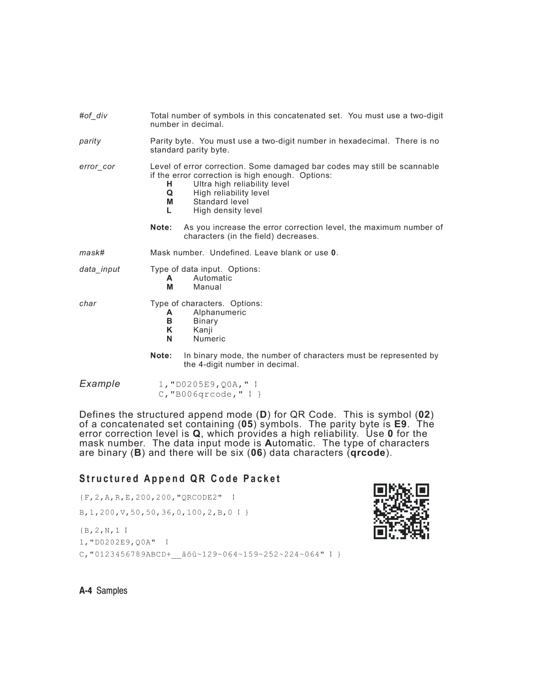 Paxar TC6037PR manual R u c t u r e d a p p e n d Q R code P a c k e t, 4Samples, D0205E9,Q0A, p, B006qrcode, p 