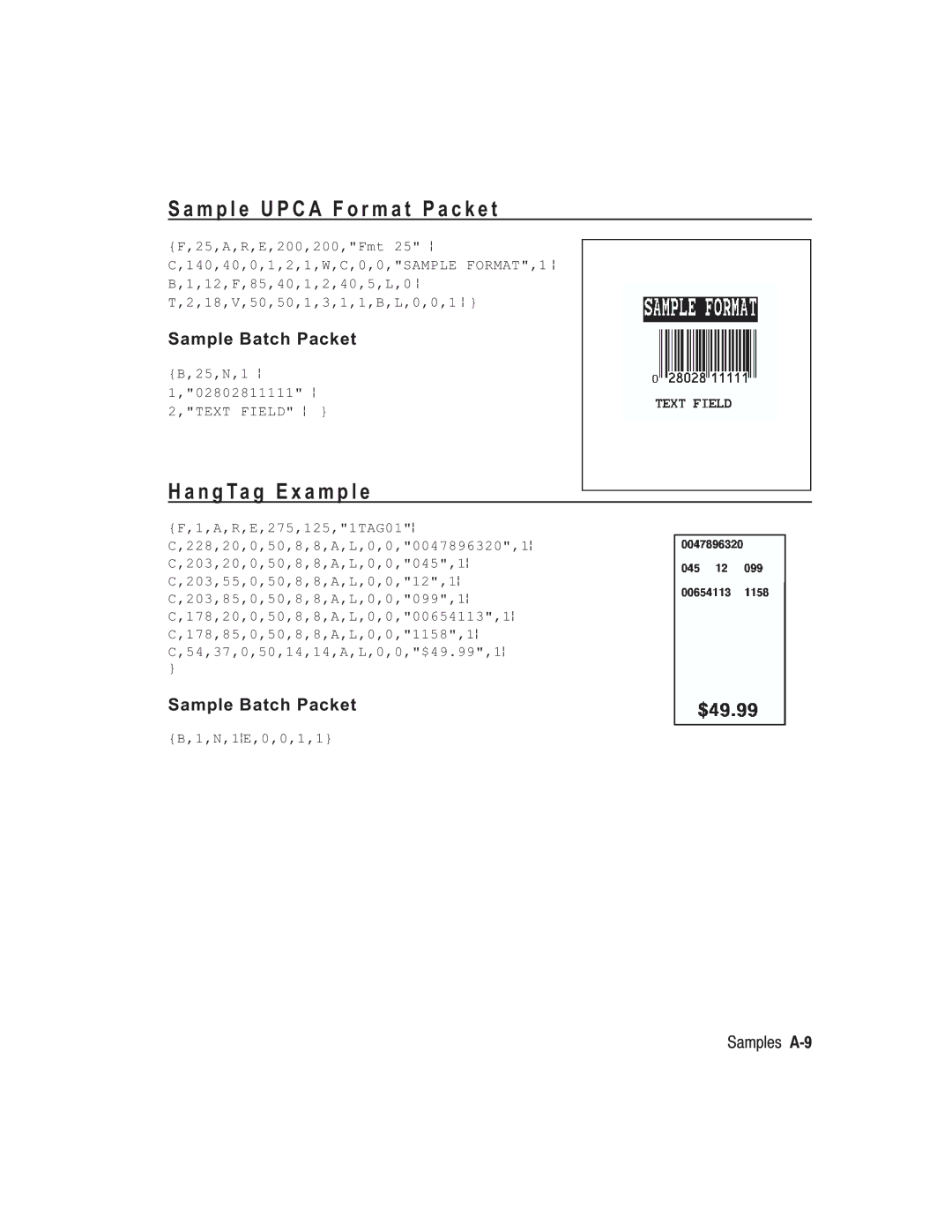 Paxar TC6037PR manual M p l e U P C a F o r m a t P a c k e t, N g T a g E x a m p l e, Sample Batch Packet, Samples A-9 