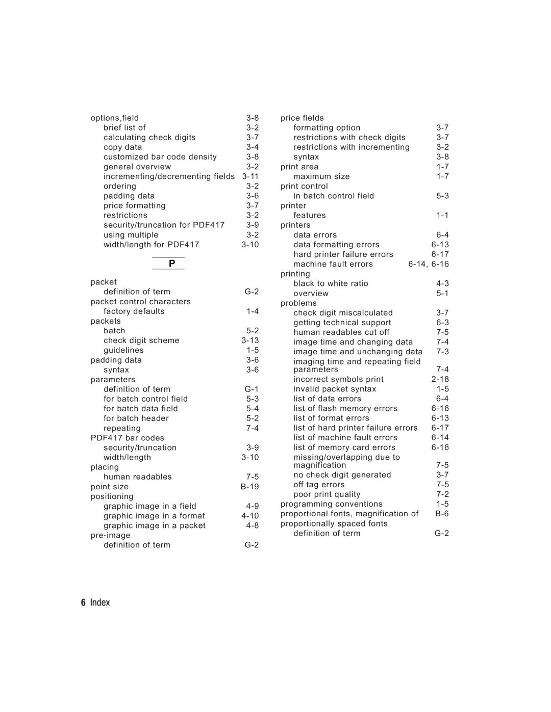 Paxar TC6037PR manual Index 