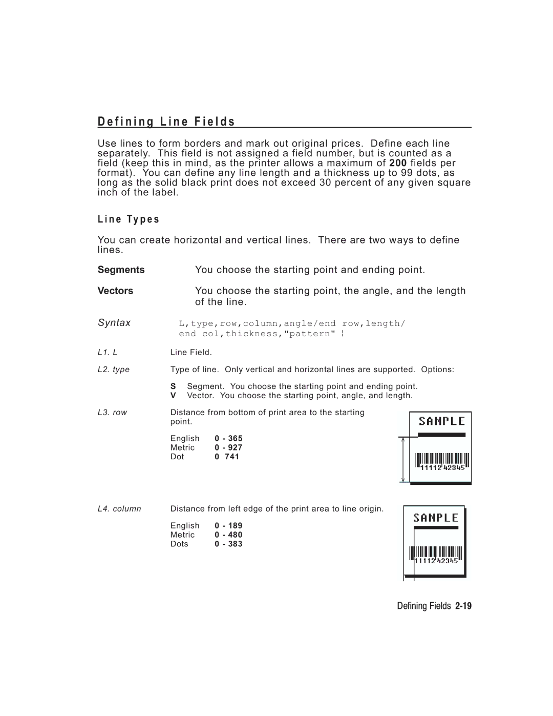 Paxar TC6037PR manual F i n i n g L i n e F i e l d s, N e T y p e s, Type,row,column,angle/end row,length 