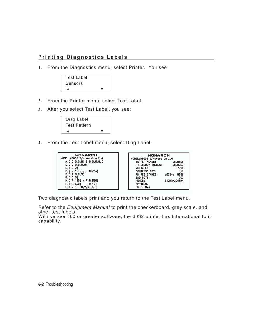 Paxar TC6037PR manual I n t i n g D i a g n o s t i c s L a b e l s, From the Diagnostics menu, select Printer. You see 