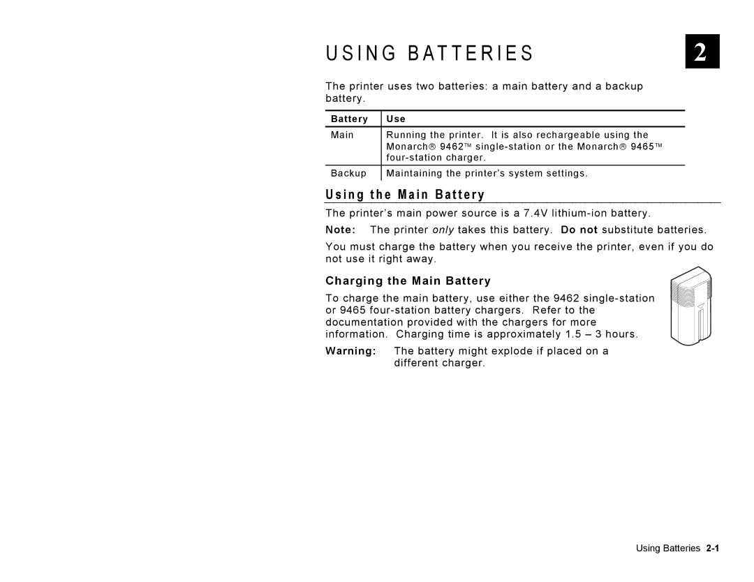 Paxar TC6039OH manual I n g t h e M a i n B a t t e r y, Charging the Main Battery, Battery Use 