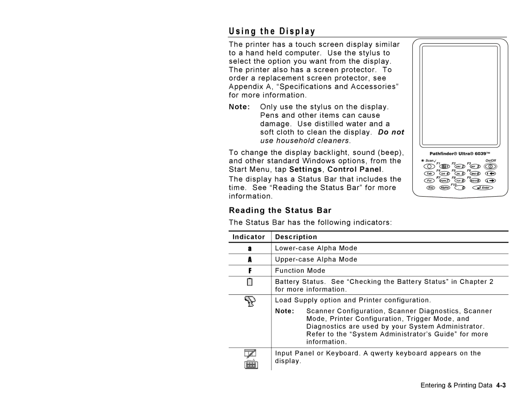 Paxar TC6039OH manual I n g t h e D i s p l a y, Reading the Status Bar, Indicator Description 