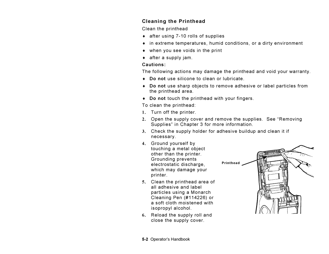 Paxar TC6039OH manual Cleaning the Printhead 