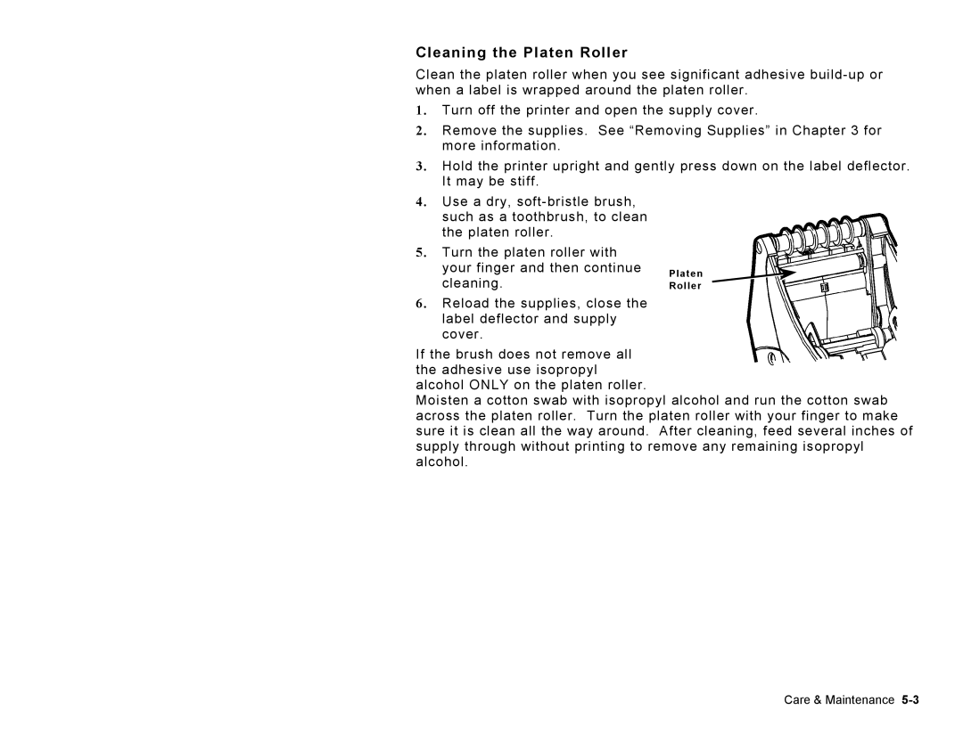 Paxar TC6039OH manual Cleaning the Platen Roller 