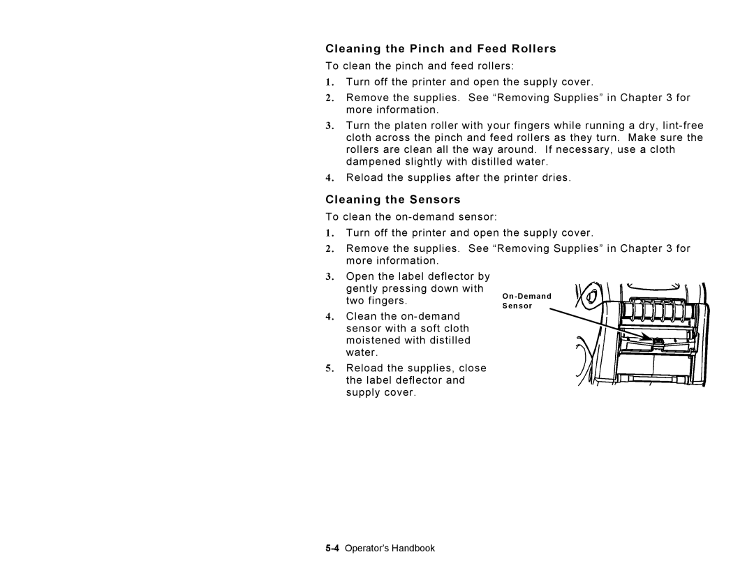 Paxar TC6039OH manual Cleaning the Pinch and Feed Rollers, Cleaning the Sensors 