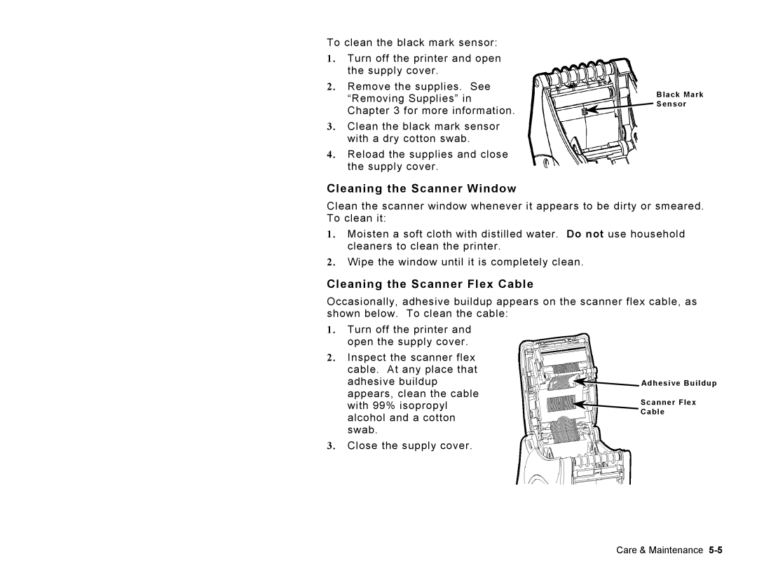 Paxar TC6039OH manual Cleaning the Scanner Window, Cleaning the Scanner Flex Cable 