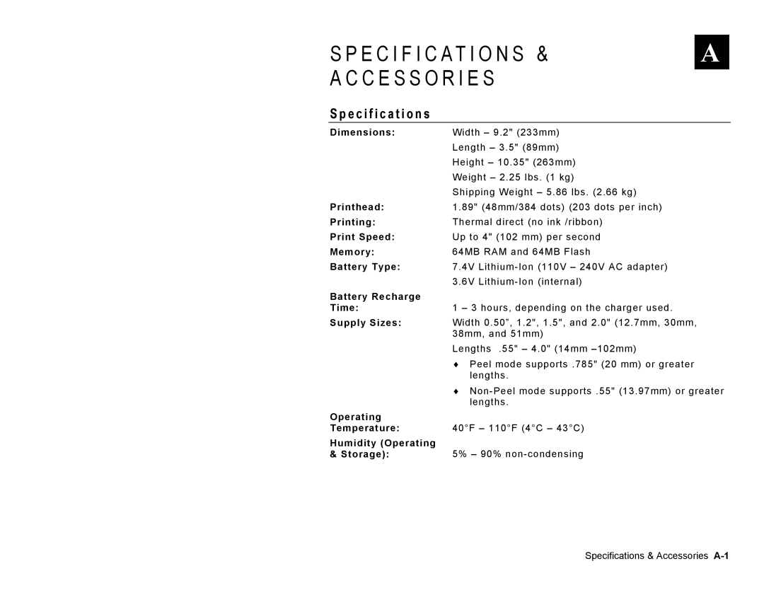 Paxar TC6039OH manual Specification s 