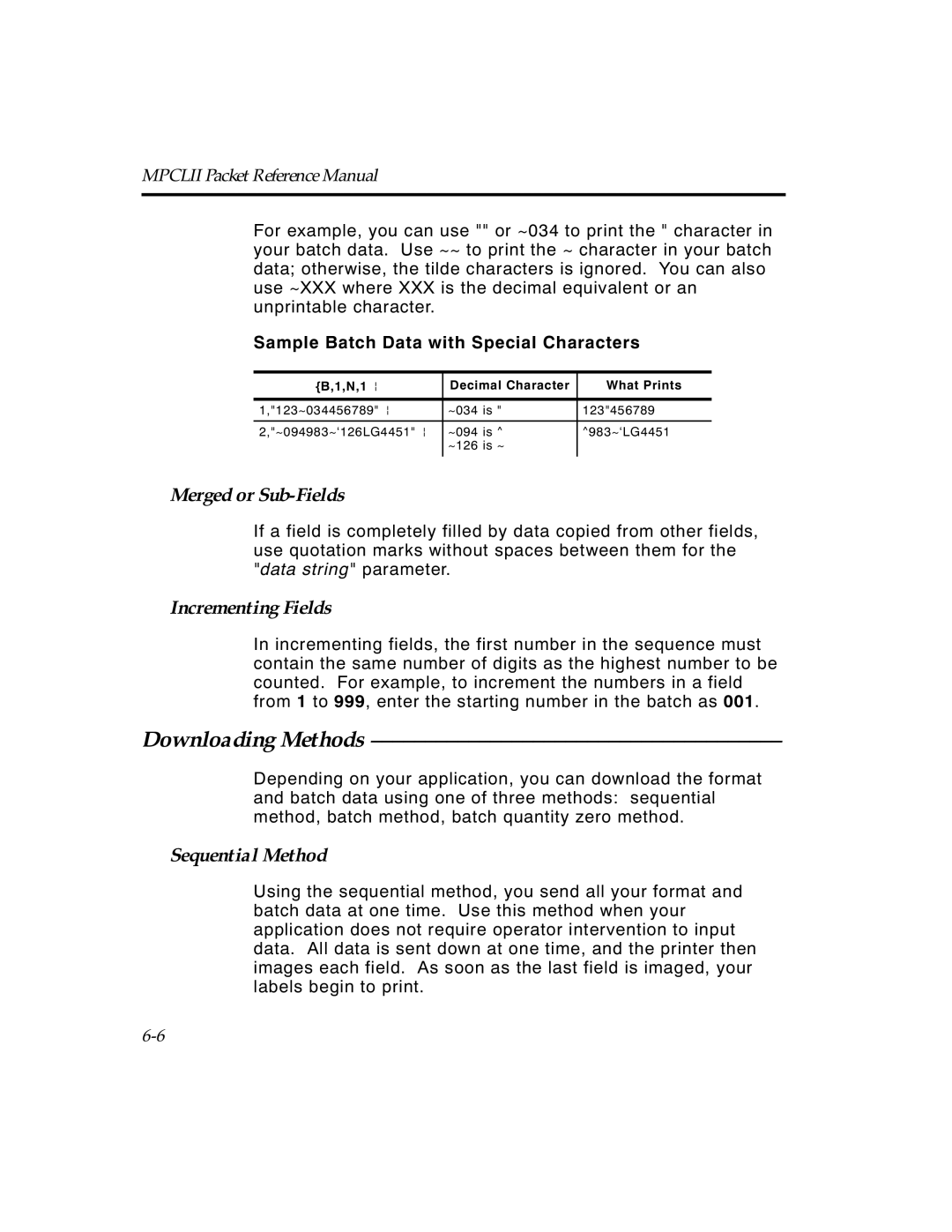 Paxar TCMPCL2PR manual Downloading Methods, Merged or Sub-Fields, Incrementing Fields, Sequential Method 