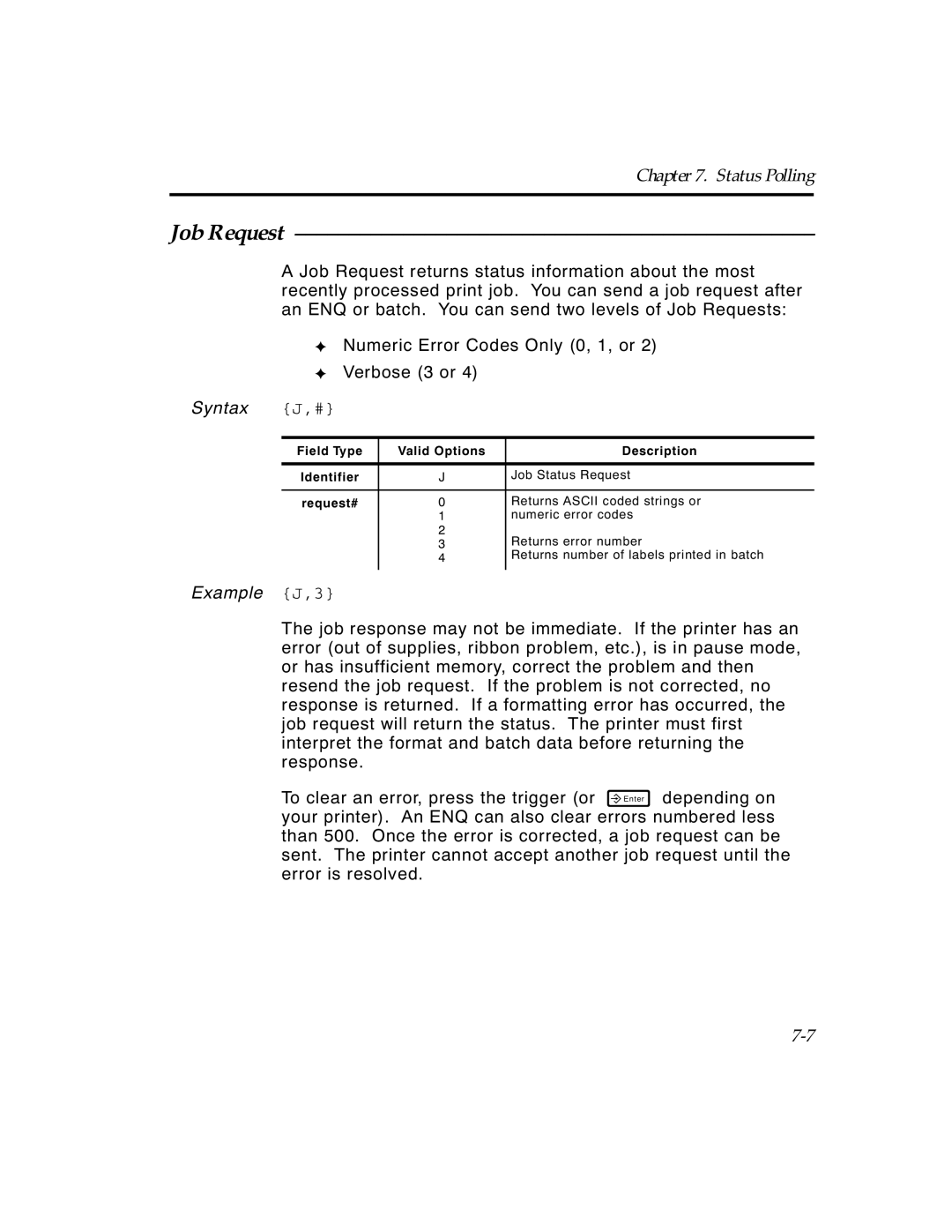 Paxar TCMPCL2PR manual Job Request, Syntax J,# 