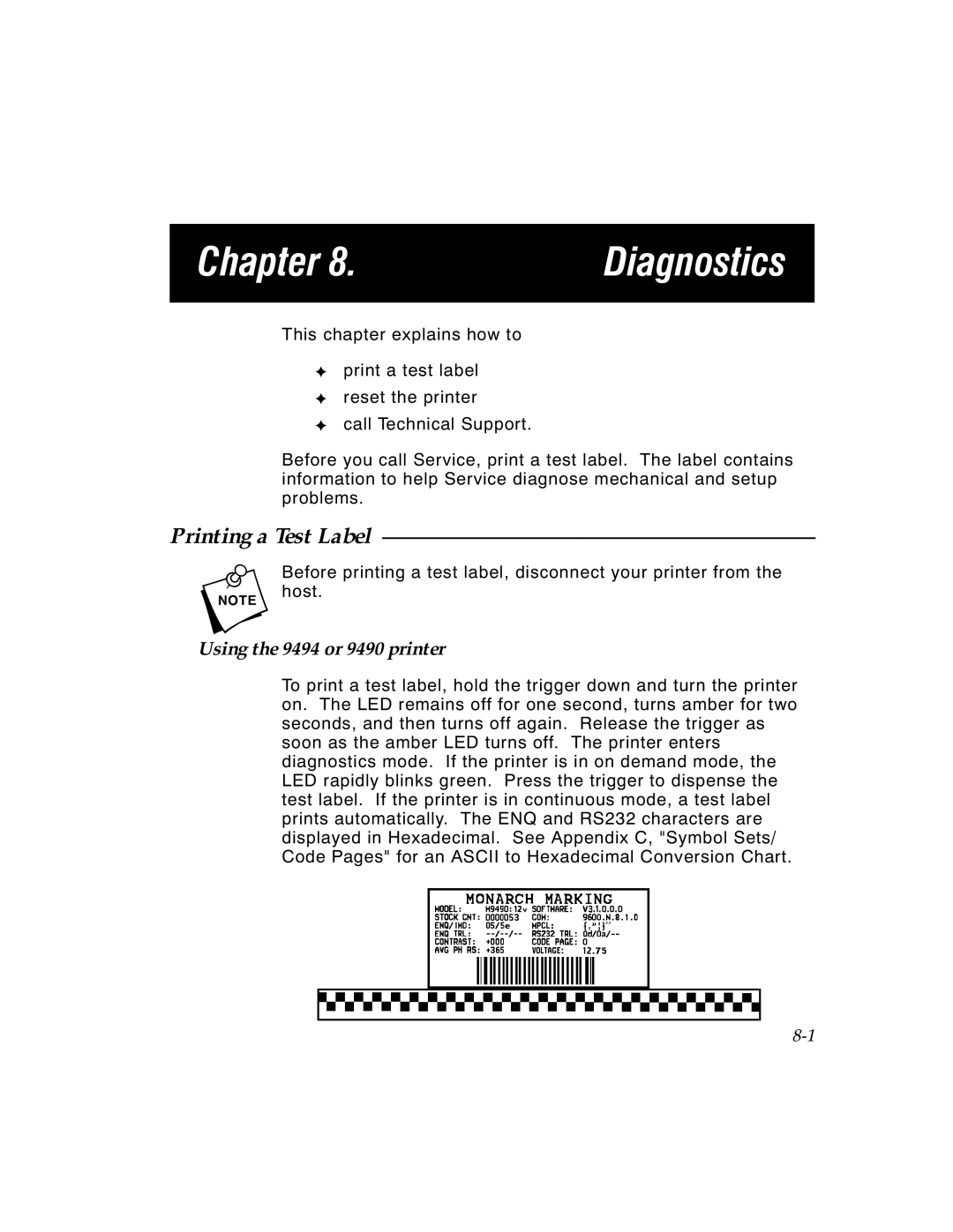 Paxar TCMPCL2PR manual Chapter Diagnostics, Printing a Test Label, Using the 9494 or 9490 printer 