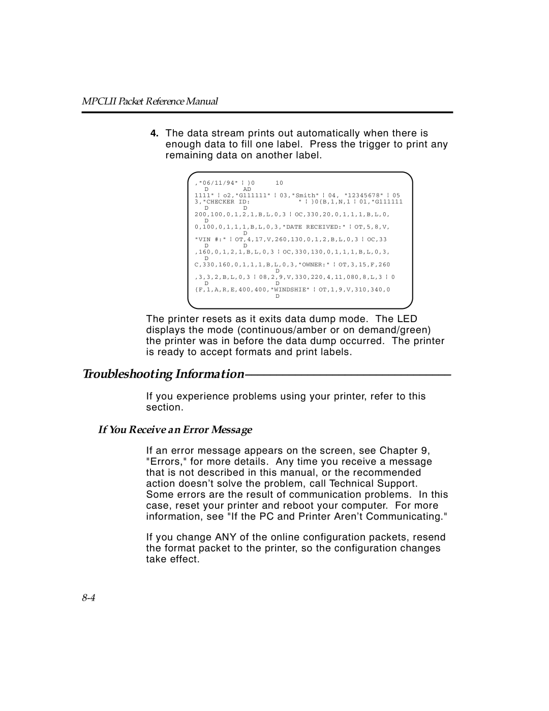 Paxar TCMPCL2PR manual Troubleshooting Information, If You Receive an Error Message 