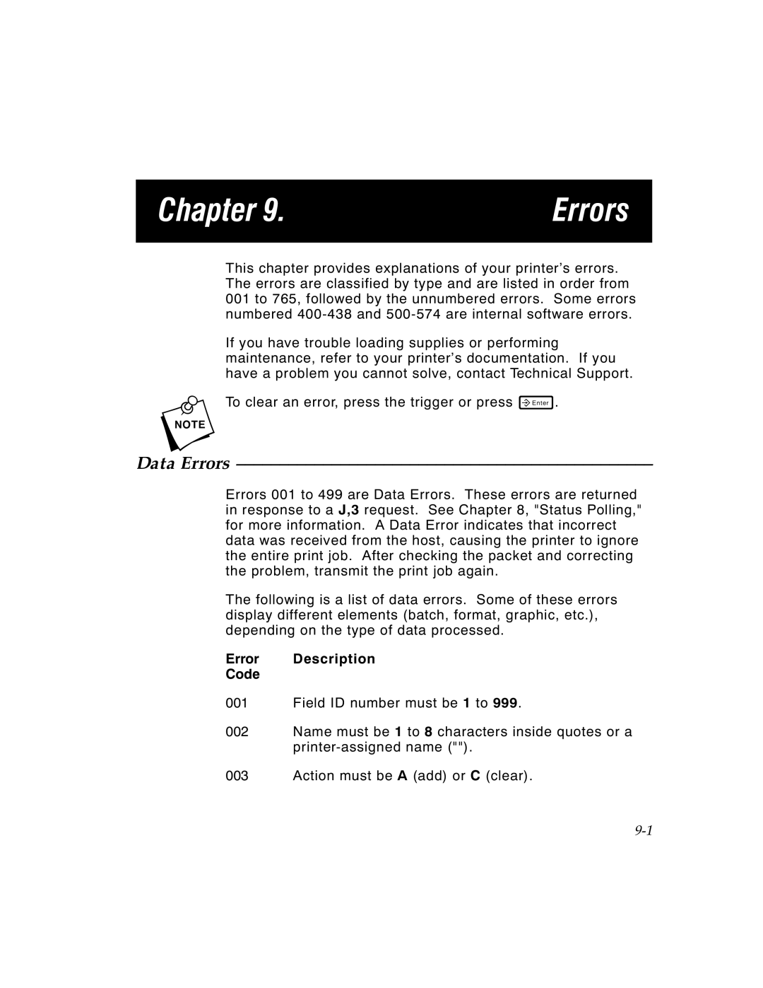 Paxar TCMPCL2PR manual Chapter Errors, Data Errors, Error Description Code 