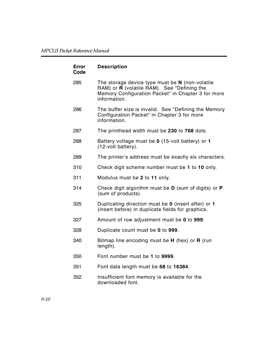 Paxar TCMPCL2PR manual Error Description Code 