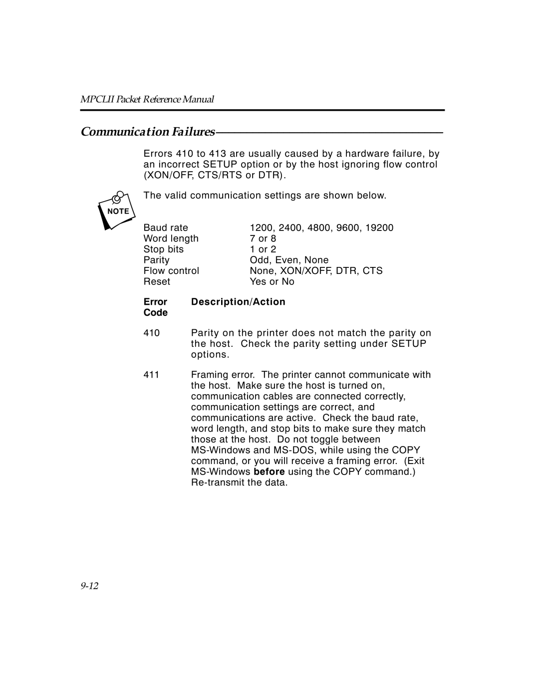 Paxar TCMPCL2PR manual Communication Failures 