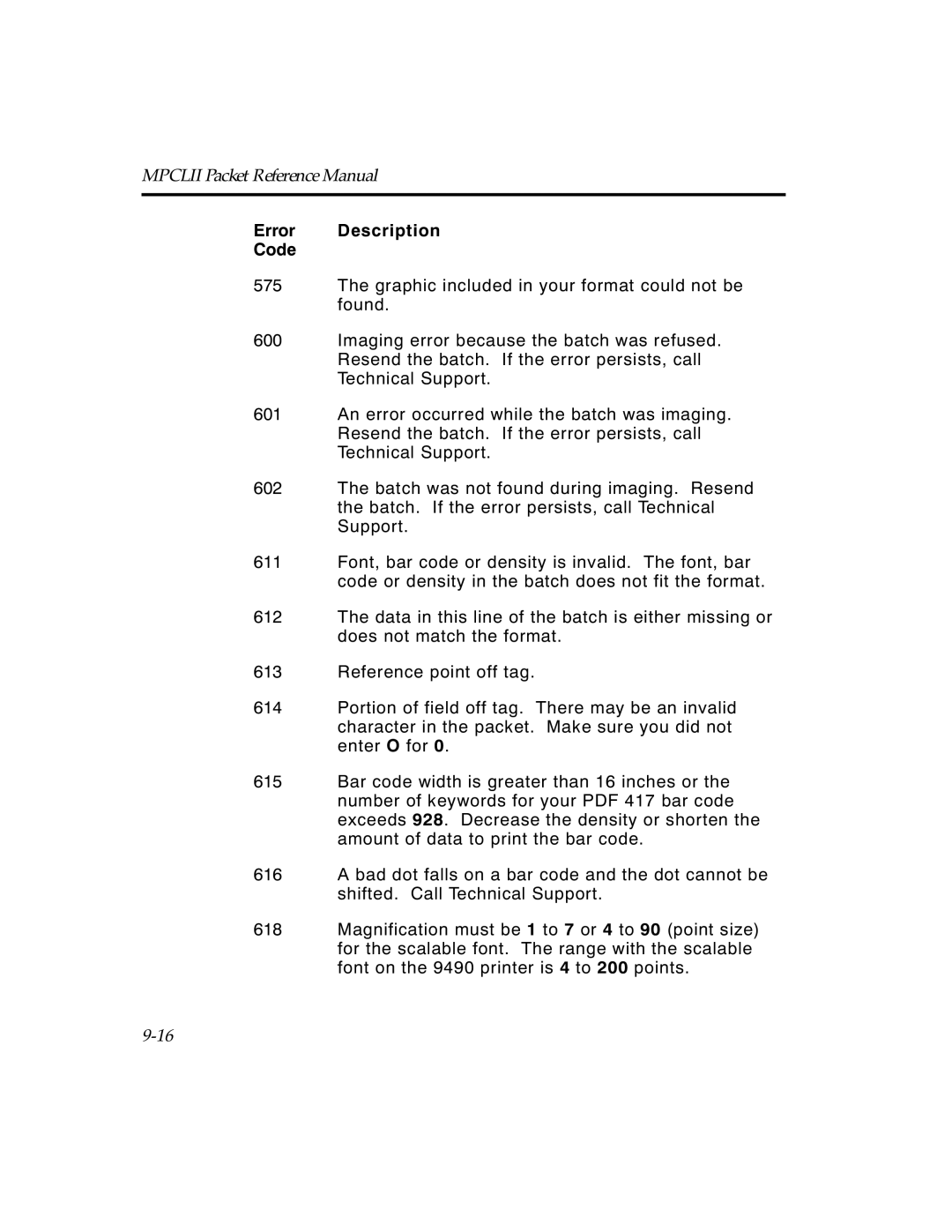 Paxar TCMPCL2PR manual Error Description Code 