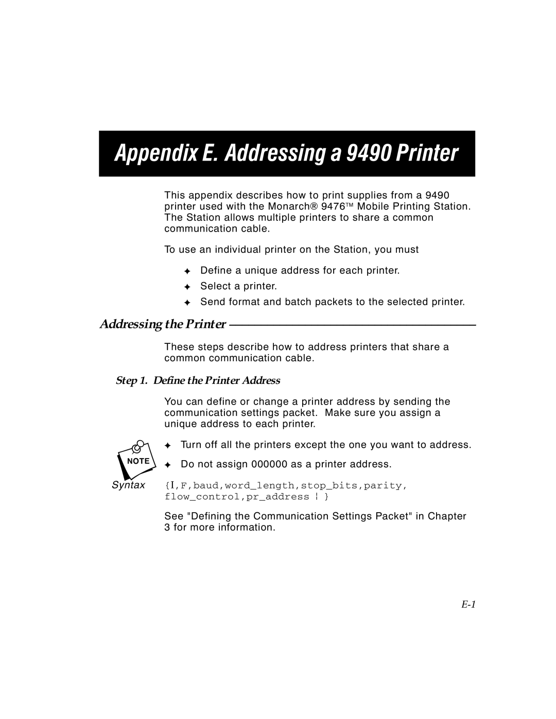 Paxar TCMPCL2PR manual Appendix E. Addressing a 9490 Printer, Addressing the Printer, Define the Printer Address 