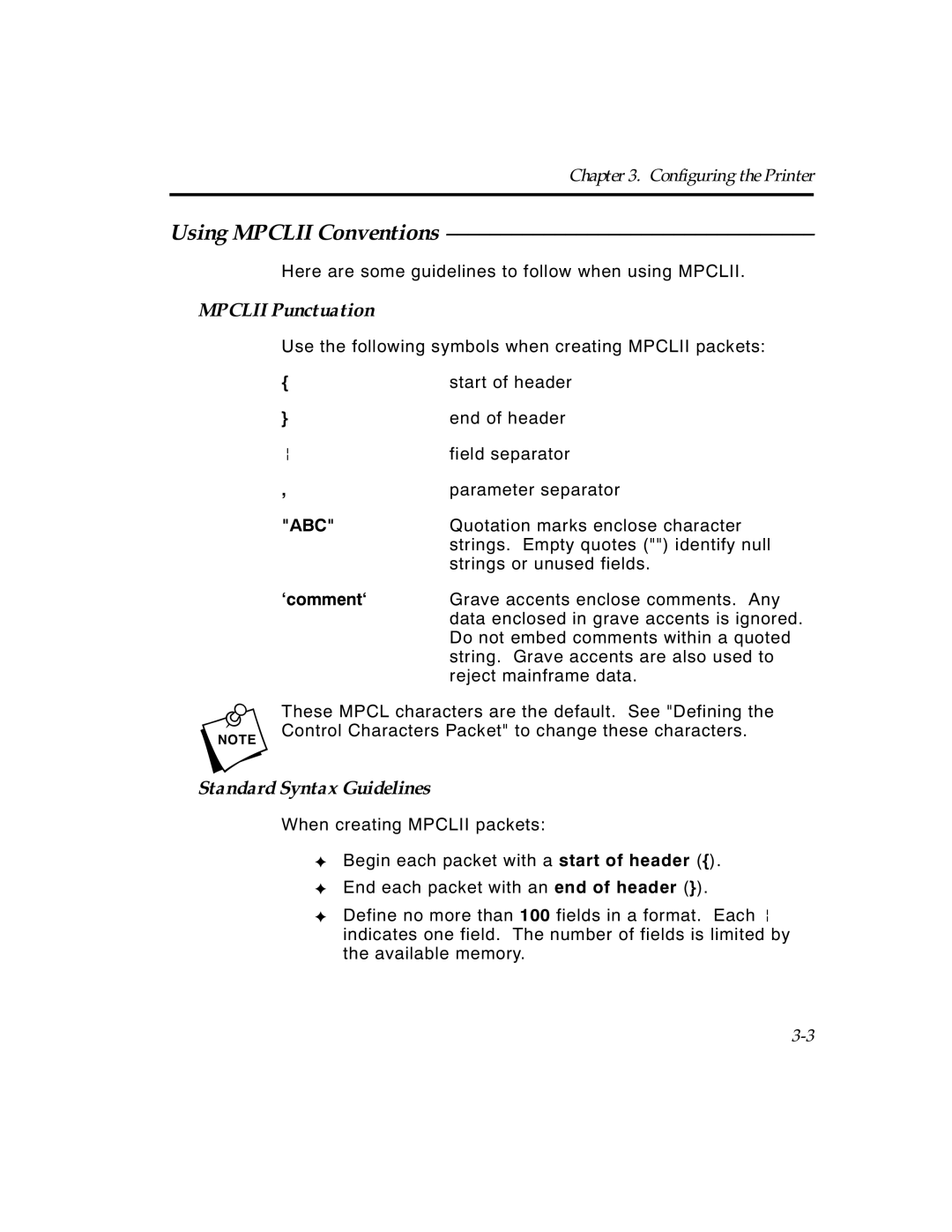 Paxar TCMPCL2PR manual Using Mpclii Conventions, Mpclii Punctuation, Standard Syntax Guidelines, ‘comment‘ 