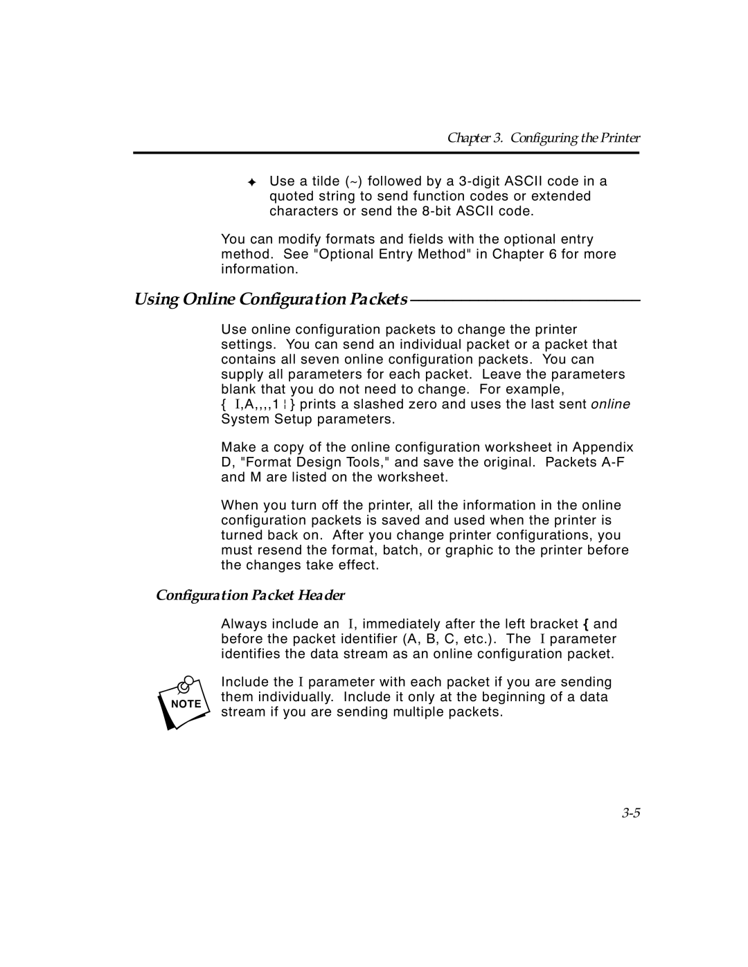 Paxar TCMPCL2PR manual Using Online Configuration Packets, Configuration Packet Header 