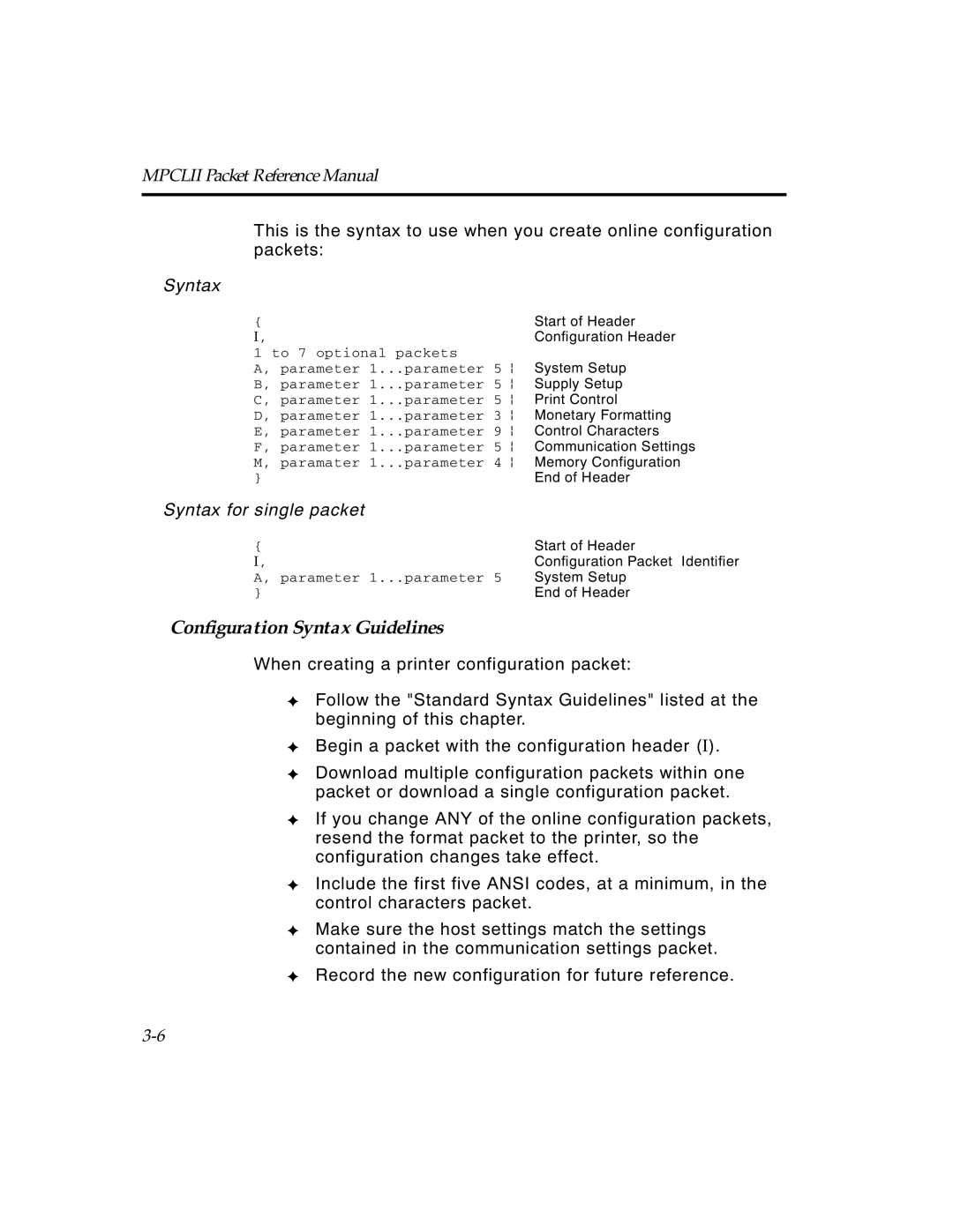 Paxar TCMPCL2PR manual Configuration Syntax Guidelines 