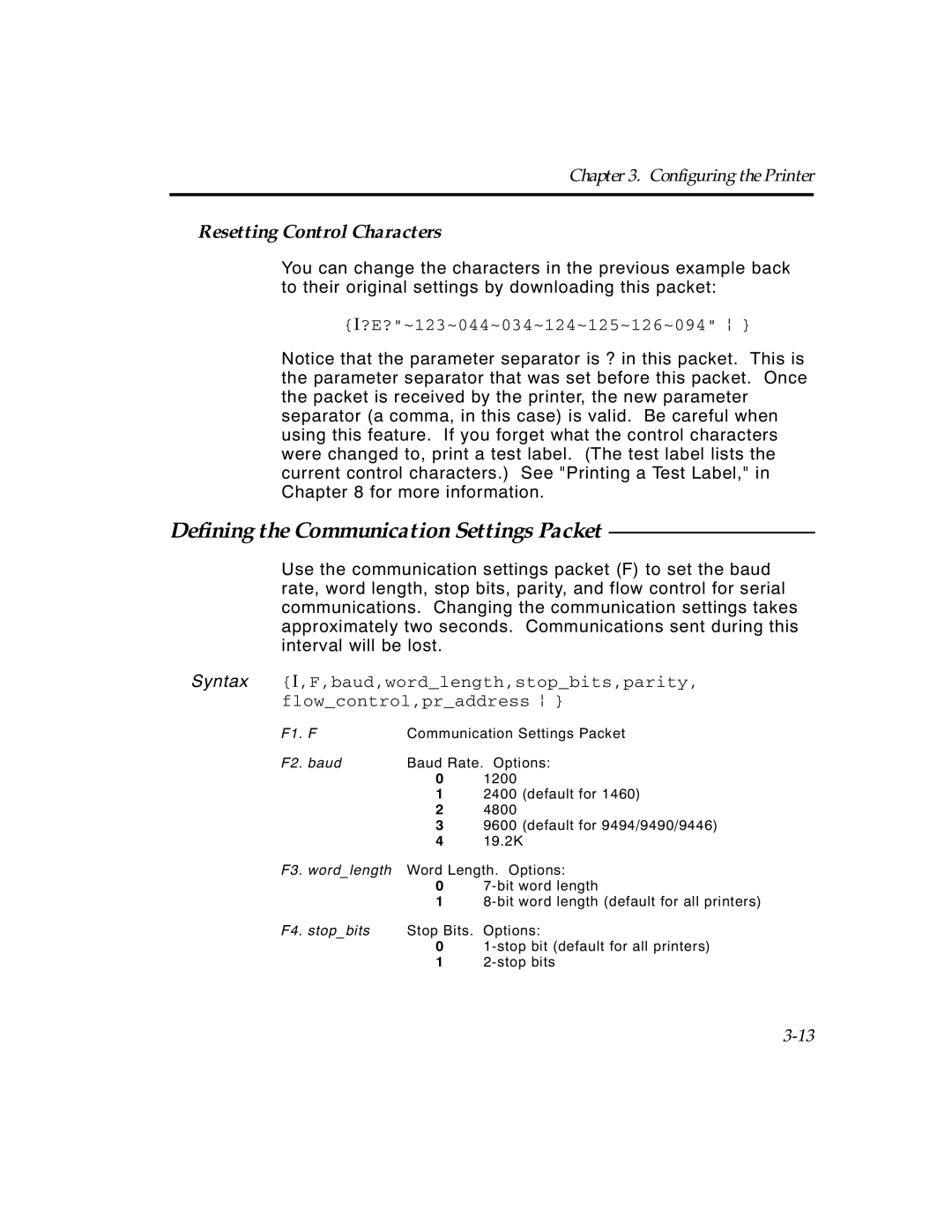 Paxar TCMPCL2PR manual Defining the Communication Settings Packet, Resetting Control Characters 